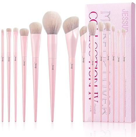 Jessup Make-up Pinsel Set 14tlg Gesicht Augen Pink T495 | Premium Synthetikfasern, Foundation- & Concealerpinsel mit ergonomischer Fingerform, präzises Auftragen