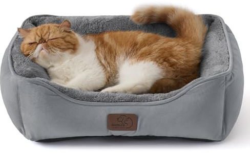 BEDSURE Katzenbett waschbar Katzen Bettchen - 51x41cm Katzenkorb Indoor mit Rutschfester Basis, quadratisches Hundebett für kleine Hunde mit weichem Rand, grau