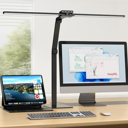 KableRika Schreibtischlampe LED Doppelkopf: 24W Dimmbar Schreibtischleuchte mit Metallbasis - Augenschutz büro tischlampe für Homeoffice - moderne tageslichtlampe beleuchtung für Monitor - Schwarz