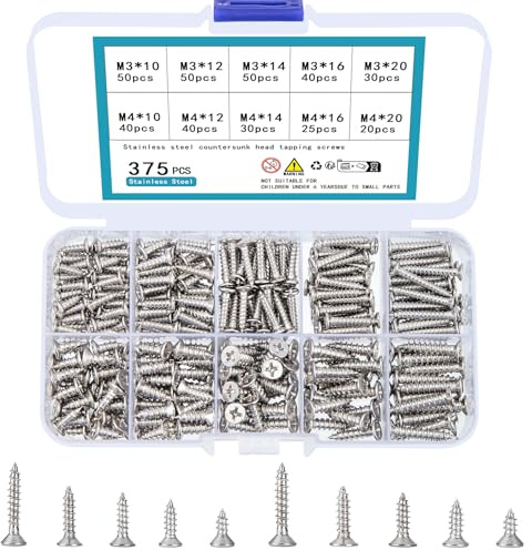 TOOINKCV 375 Stück M3 M4 Selbstschneidende Schraubensortiment, Flachkopf Kreuzschlitzschrauben Set, Kreuzschlitz Flachkopf Blechschrauben Kit für Kunststoff Holz Weichmetall