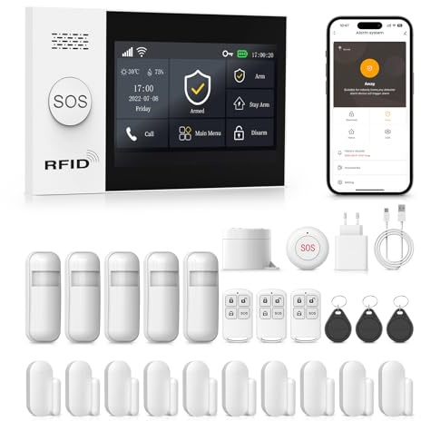 PGST GSM + WiFi Alarmanlage Haus mit 4.3 Touch Screen, Kein Vertrag Smart Komplettsysteme mit APP/SMS/Telefonanruf Alarm 24 Stück, 110dB Host, Bewegungsmelder, Tür/Fenster Sensoren, Fernbedienungen
