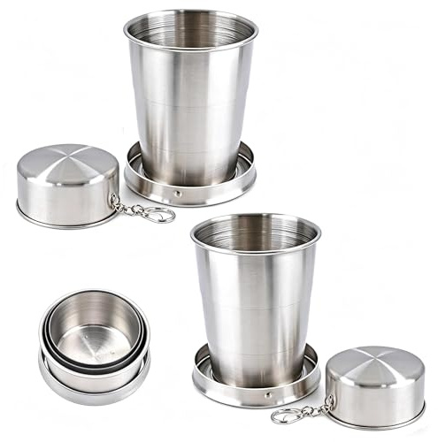 PHMING 2er Set Faltbecher Edelstahl 150ml, Faltbare Becher mit Deckel, Zusammenklappbare Faltbecher Outdoor für Camping, Reisen & Wandern