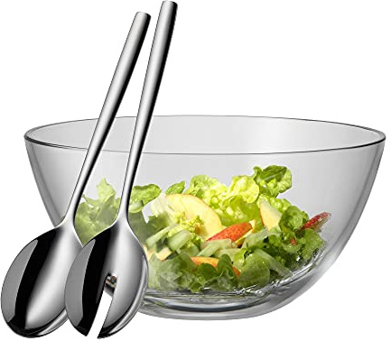 WMF Taverno Salatschüssel Set 3-teilig, Salatbesteck Edelstahl 25 cm mit Salatschale, runde Schale 23,5 cm, Salatschüssel Glas, spülmaschinengeeignet