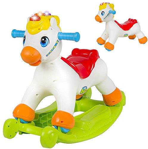 BAKAJI Schaukelpferd 2-in-1 Schaukelpferd umbaubar in Ride On 4 Rollen mit Licht und Sound Alphabet und Zahlen, Spielzeug für Kinder