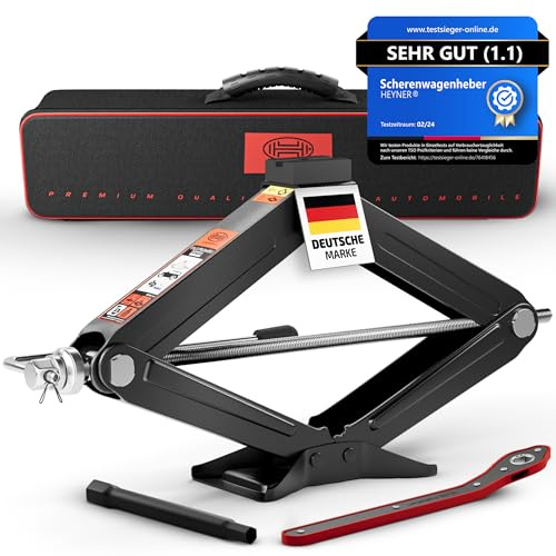 HEYNER® Scherenwagenheber 2t Wagenheber inkl. Tasche, 17mm Ratsche, Kurbel und Gummiauflage, Hubhöhe: 98–442mm Scherenheber Bordwerkzeug Autoheber, TÜV & GS