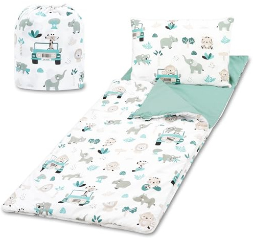Schlafsack Kinder mit Kissen und Reißverschluss für Baby 3-7 Jahre - 75x140 cm Kinderschlafsack Indoor für Kindertagesstätte Kindergarten Deckenschlafsack Oeko-Tex 75 x 140 Salbeifarbe