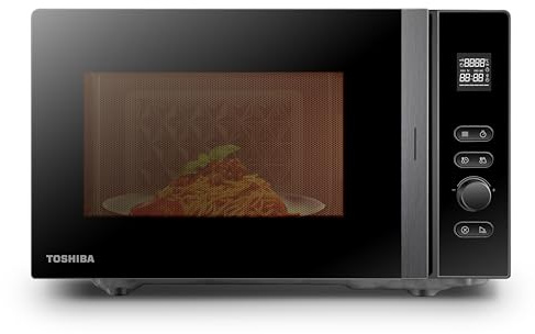 Toshiba MV-AM20T(BK) Mikrowelle/Solo-Mikrowelle/ 20 L/ 800 W/ 5 Leistungsstufen/ 12 Automatikprogramme/Emaille Innenraum/einfach zu reinigen/Auftaufunktion/Glasdrehteller (24,5 cm) /Schwarz