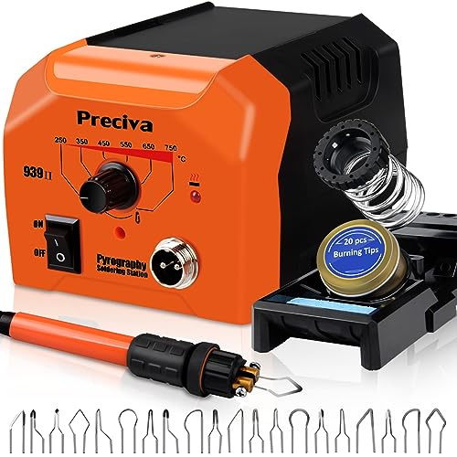 Brandmalstation, Preciva Brennkolben Set mit 20-teilig Spitzen, Brandmalerei Set Bastelset Lötstation Lötkolben Set Temperatur Einstellbar 250℃ - 750 ℃, Brandmalkolben für Holz, Leder und Kork