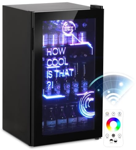 HCK 98L Getränkekühlschrank mit Cyberpunk RGB Beleuchtung, Minibar kleine Kühlschrank mit Glastür, lautlos 39dB, 0-15°C, Bierkühlschrank für Spielzimmer, Küche, Schwarz