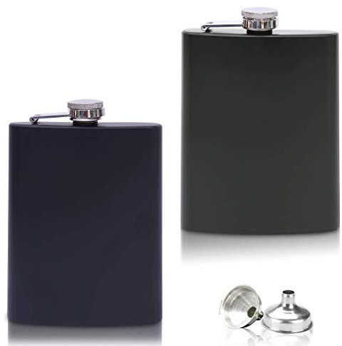 2x Edelstahl Flachmann mit Trichter im Set - 8oz. 227 ml - rostfrei - in Matt-Schwarz und Matt-Grün - edles Militär Design - für Schnaps und Alkohol jeder Art (2er Set)