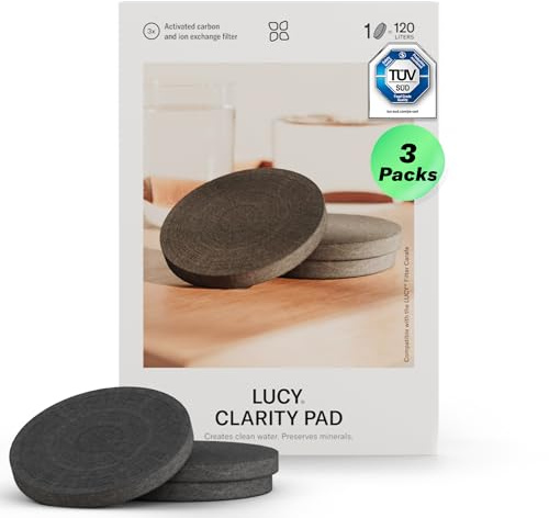 LUCY® Clarity Pad – 3x Wasserfilter für LUCY® Glaskaraffe - Aktivkohlefilter gegen Chlor, Schadstoffe & Schwermetalle - Wiederverwendbarer Filtereinsatz, Trinkwasserfilter, Wasseraufbereitung