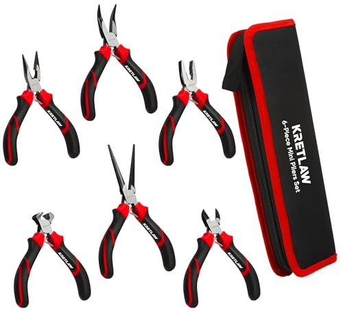 KRETLAW Mini-Zangenset 6tlg, Linesman-Zange, Lange Nase, Nadelzange, gebogene Spitzzange, Drahtschneider und Seitenschneider, für elektronische Reparaturen,Tasche inkl.