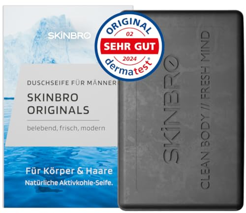 SKINBRO Originals Festes Duschgel Männer mit Aktivkohle - Sportlich & Frisch - Duschseife Männer Made in Germany, Shampoo Herren Vegan & Nachhaltig - Silikonfrei, Seife Stück, 100g feste Seife
