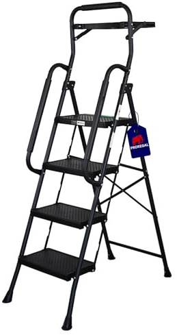 PROREGAL Profi-Trittleiter mit 4 XXL-Stufen TÜV/GS Zertifizierung, klappbar mit Handlauf und Werkzeugablage, Stufen aus Kunststoff, HxBxT 158x52x87cm Traglast 150 kg Stahl Matt Schwarz Klappleiter