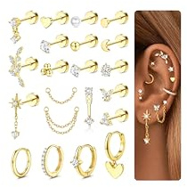 CASSIECA 21Pcs Piercing Ohr Chirurgenstahl Helix Piercings Gold CZ Blume Creolen Ohrstecker Ohrringe Set Damen Knorpel Tragus Conch Schmuck