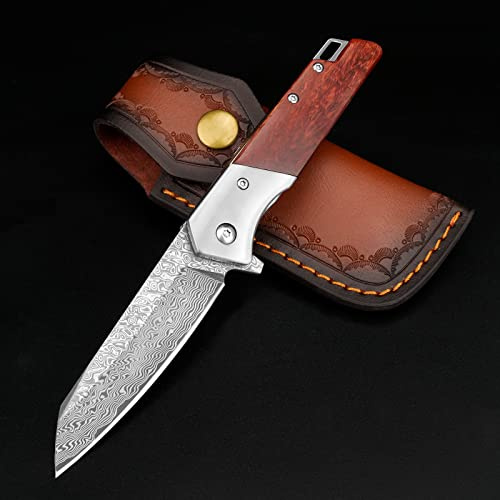 KOMWERO Damast Taschenmesser Klappmesser Einhandmesser mit Gürtelclip, DMSP | Scharfes EDC Messer, Damaststahl-Klinge, Holzgriff Leder-Messerscheide, Damastmesser für Sammlung, Geschenk, Jagd & Camping