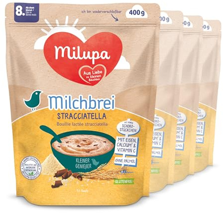 Milupa Milchbrei Stracciatella – Glutenfreier Babybrei ohne Palmöl – Frei von Konservierungs- und Farbstoffen – Ab dem 8. Monat – 4 x 400 g