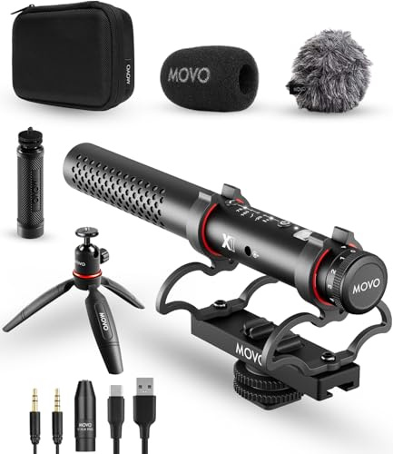 Movo X1 Supernierenmikrofon – 3,5 mm/XLR/USB-C-Kameramikrofon für DSLR, Smartphones und Computer – professionelles On-Kamera-Mikrofon mit fortschrittlicher Audiosteuerung, Stativ und Zubehör