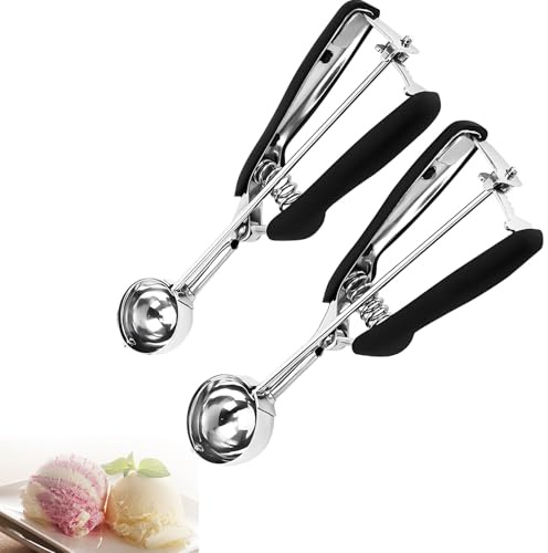 CoralHarven 2 Stück Eisportionierer Edelstahl, 3 cm und 4 cm mit Auslöser | Zwei Eisportionierer mit 3-cm- und 4-cm-Schaufel, Auslöser und rutschfestem Griff für Eiscreme, Backen und Melonenkugeln.
