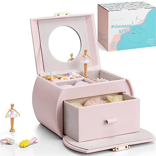 VLANDO Schmuckkästchen Mädchen,Groß Schmuckkasten Kinder mit Ballerina | Spielzeug Geschenk Mädchen mit DIY Aufkleber, Schmuckaufbewahrung mädchen mit Schubladen Spieluhr, Rosa