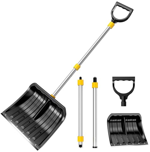 Große Schneeschaufel 1400 mm, Schneeschieber 470 mm Breit mit Verdickter Aluminiumrohrstange, D-förmigem Griff und Abnehmbarem Dreiteiligem Langen Griff, Geeignet für Autos, Gehwege, Terrassen