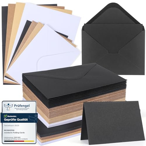moinkerin 56x Klappkarten blanko mit Umschlägen (250g/m² A6) + 56x C6-Umschläge | Kraftpapier Set in 4 Farben (Weiß/Schwarz/Braun/Hellbraun) für Hochzeit, Business & DIY