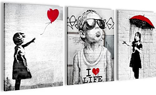 Novart Wandbilder Set Banksy Collage - KOMPLETT AUFHÄNGFERTIG - Wohnzimmer Büro Deko - 3 Moderne Bilder 30x40 cm Street Art - N003135a