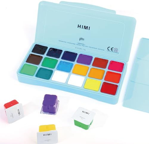 INK LAB HIMI Gouache Farben Set 18 Farben x 30 ml Gouache Paint Ungiftige Einzigartiges Gelee Cup Design mit Palette für Künstler Studenten Kinder