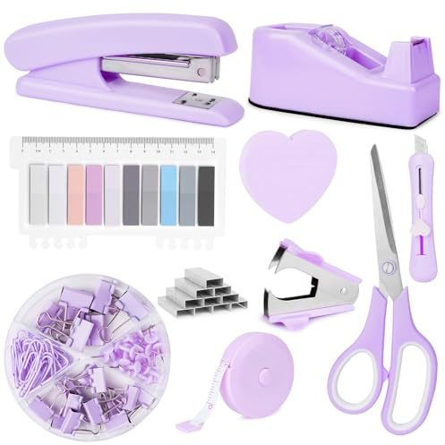 OFFCUP Büroartikel Set, Schreibtisch Set, Schreibtischzubehör 10 Kit mit Entklammerer, Heftklammern, Heftklammerentferner, Tesafilm Abroller, Schere, Bandmaß, Allzweckmesser, Clip, Haftnotizen (Lila)