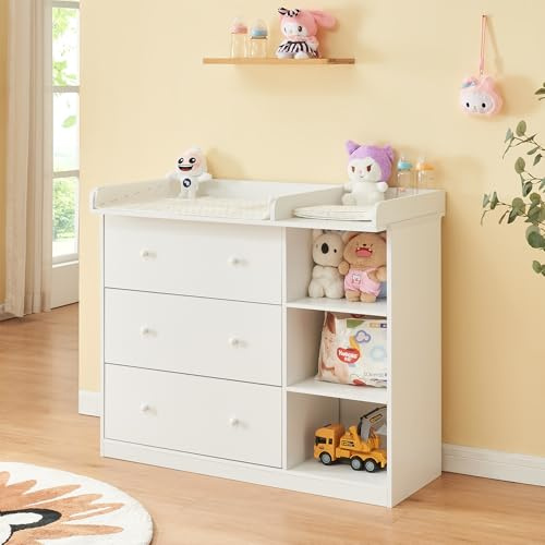 [en.casa] Wickelkommode Beldinupp Wickeltisch mit 3 Schubladen und 3 Regalfächern 93 x 110 x 55 cm Kommode mit abnehmbarer Wickelauflage Weiß