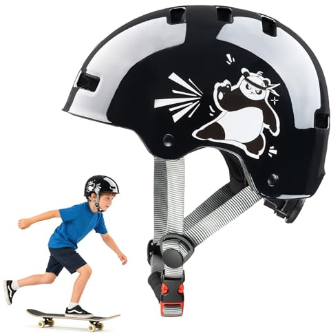 DUZSKJ Verstellbarer Kinder fahrradhelm für Mädchen Jungen, Helm Kinder Kinderhelm Skaterhelm Kinder Schutzhelm für Skateboard Fahrrad Scoot Ride Roller Inline Skates Radfahren (Schwarzer & Panda, M)