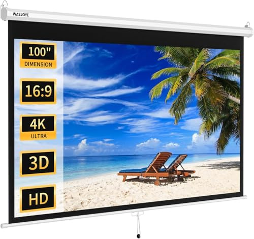 WASJOYE Manueller Leinwand Beamer Rollo mit Universal 100-Zoll Roll-Down einziehbarer manueller Projektionsschirm mit automatischer Verriegelung, Einstellbarer Bildschirmhöhe, Maskierungsrand