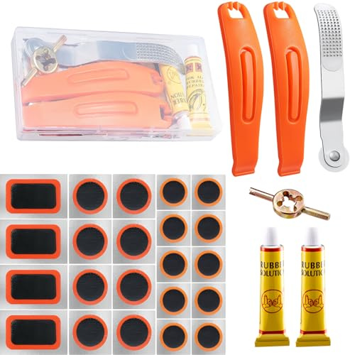 B2Jiu 29 Stück Flickzeug Fahrrad Reparaturset mit 22 Flicken, Reifenheber, Metallraspel/Walze, Ventilschlüssel, Schlauch Flickset Fahrradreifen für BMX, MTB, Rennrad, Motorrad
