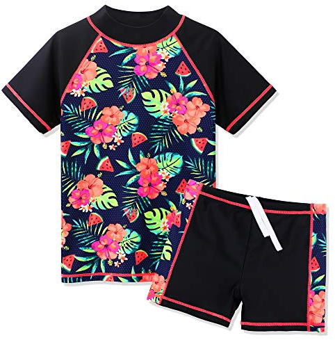 ZNYUNE Mädchen Zweiteiliger Badeanzug Stoffdruck Kinder Schwimmanzug Badehose Badebekleidung UV-Schutz 50+ Badeset Rash Guards Bademode S324 BlackFlower 14A