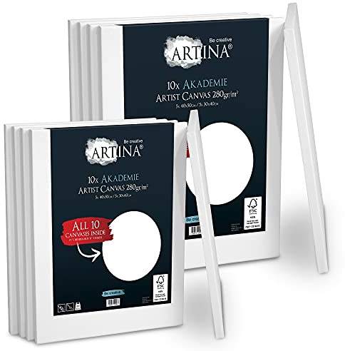 Artina Keilrahmen 40x50cm & 30x40cm FSC® 10er Set Leinwand zum Bemalen | Canvas 10er Set Leinwände Baumwolle grundiert Künstlerbedarf Acrylfarben Ölfarbe Aquarell Malen bespannt Maltuch Akademie
