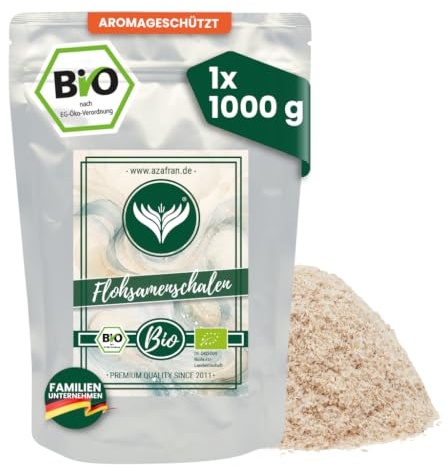 Azafran BIO Flohsamenschalen ganz 99% 1kg | Indische Flohsamenschalen mit hoher Reinheit für Müsli, Joghurt & Backen