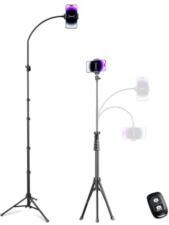 Aureday Handy Stativ Ständer 223cm Selfie Handy Stativ mit 38cm Flexibler Schlauch 360° Drehbarer, Bluetooth Fernbedienung und Halterung Stativ Ständer für iPhone, Android-Handys und Kameras