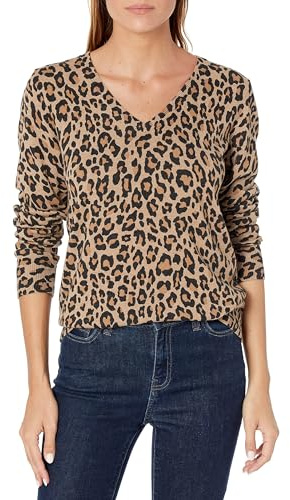 Amazon Essentials Damen Leichter Langarm-Pullover mit V-Ausschnitt (Erhältlich In Übergröße), Klassischer Schnitt, Kamelleopard, X-Large