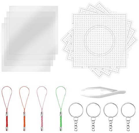 lompyeu 4Pcs 5mm Bügelperlen Platten, Transparente Steckplatten Bausätze mit 4 Bügelpapier, 4 Schlüsselband, 4 Schlüsselring und 1 Pinzette