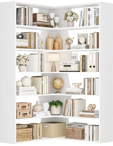 FirFurd 190 cm Eckregal stehend Bücherregal Eckbücherregal mit 6 Ebenen, L-förmiger Eckschrank Hochschrank Bücherschrank Eckvitrine für Arbeitszimmer Wohnzimmer Küche, 90x90x190.5cm, weiß