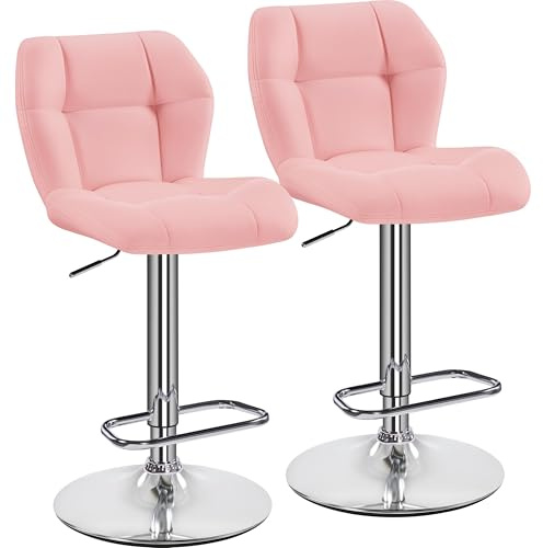 Yaheetech Barhocker 2er Set Höhenverstellbar 360°Drehbar Barstühle Küchenstühle mit Rückenlehne und Fußstütze, Barstuhl PU-Kunstleder Sitzhöhe 62,5 cm - 84,5 cm für die Küche, Rosa