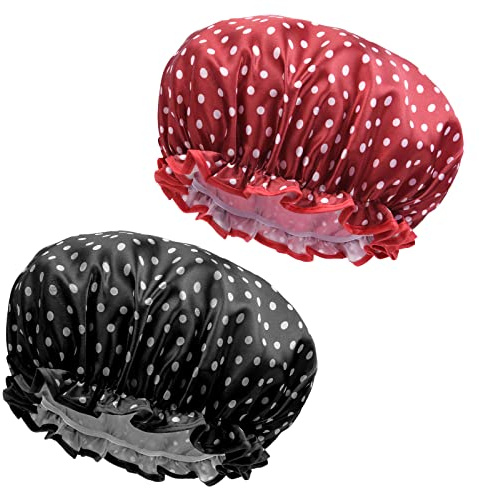 URAQT Duschhaube, 2 Stück Wasserdichte Duschhauben Damen, große Elastische Shower Cap, Wiederverwendbare Duschkappe für Mädchen Frauen Kosmetik Zuhause Hotel Reisen (Punktmuster)