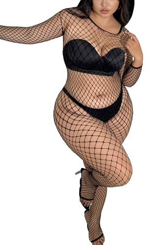 Mingnos Sexy Netz Dessous Bodystocking für Damen M-3XL Große Größen mit Langarm Catsuit Ouvert Unterwäsche Fishnetz Body Nachtwäsche