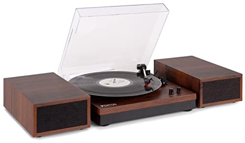 Fenton RP165D Bluetooth Plattenspieler mit Lautsprecher, Schallplattenspieler, Abdeckhaube, Auto Stopp, Home Audio Record Player, Turntable Vinyl Player in Vintage Look, Dunkel Braun Holz