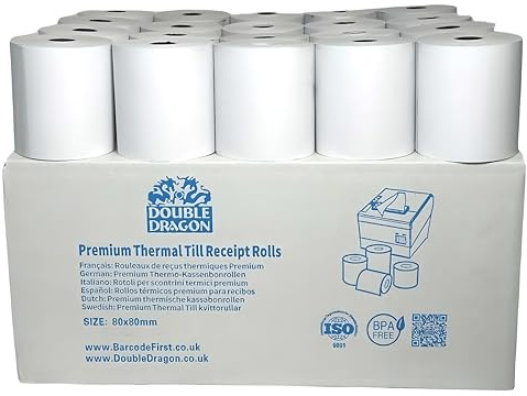 Double Dragon Premium BPA-freies Thermopapier in hoher Qualität, 80 mm x 80 mm für POS-Bondrucker, umweltfreundlich und wischfest (5er-Pack)