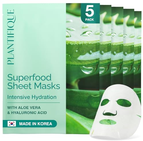 PLANTIFIQUE Koreanische Gesichtsmaske 5-Pack mit Superfoods | Aloe Vera, Hyaluronsäure & Ceramid NP - Feuchtigkeitsspendende und beruhigende Tuchmaske - Korean Face Mask
