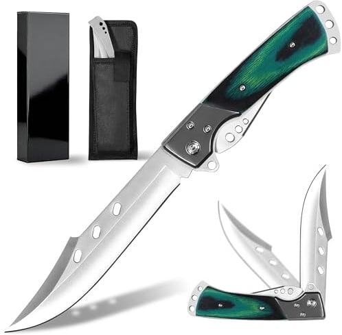 Plys Klappmesser Groß 14cm Scharfes Taschenmesser, Outdoor Folding Knife | Grün, Holzgriff mit Aufbewahrungstasche, 440c Stahl Zweihandmesser, Geeignet für Camping und Wandern