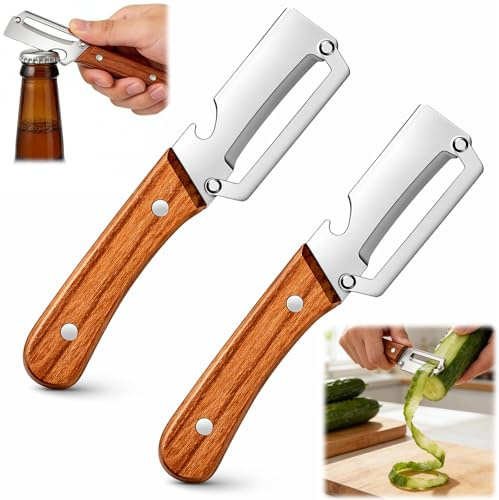 2pcs Multifunktionaler Gemüseschäler,2 In 1 Edelstahl-Gemüseschäler Mit Ultrascharfer Klinge,Sparschäler mit Holzgriff & integriertem Flaschenöffner für Obst, Gemüse & Fleischscheiben