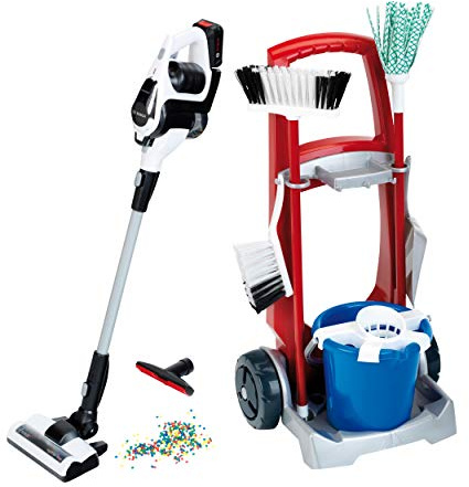 Theo Klein 6806 Putzwagen mit Staubsauger Bosch Unlimited | Robuster Besenwagen aus hochwertigem Kunststoff | Sauger mit Saug- und Soundfunktion | Spielzeug für Kinder ab 3 Jahren