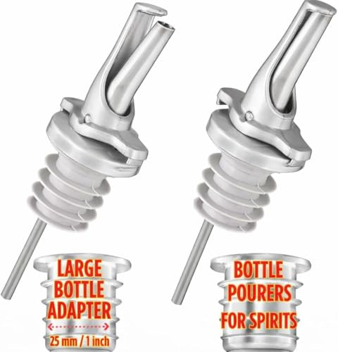 Poura Ausgießer für Spirituosen oder Olivenöl - Spülmaschinenfeste Flaschenausgießer mit Luftdichten Kappen. Edelstahl Schnapsausgießer | Ölausgießer - Silver Ausgiesser 2 Pack mit 2 Adaptern